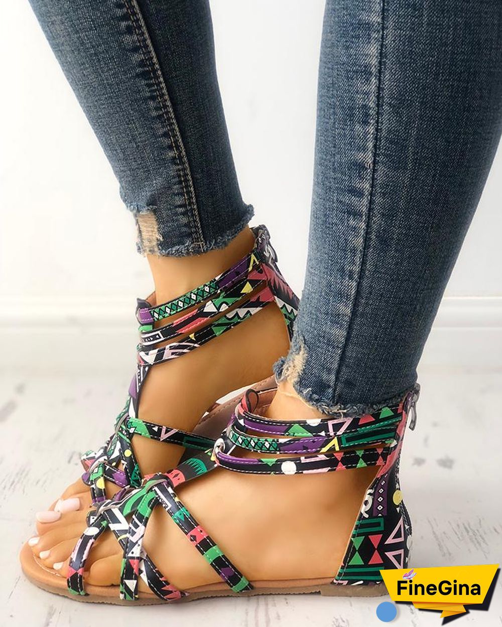 Graffiti Print Strappy Bandage Flat Sandals