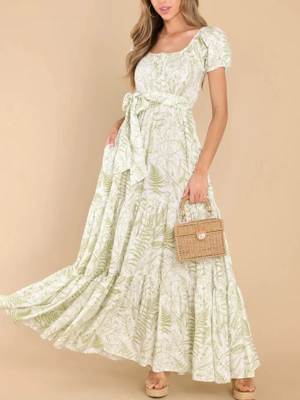 Green Printed Short Sleeve Long Dress