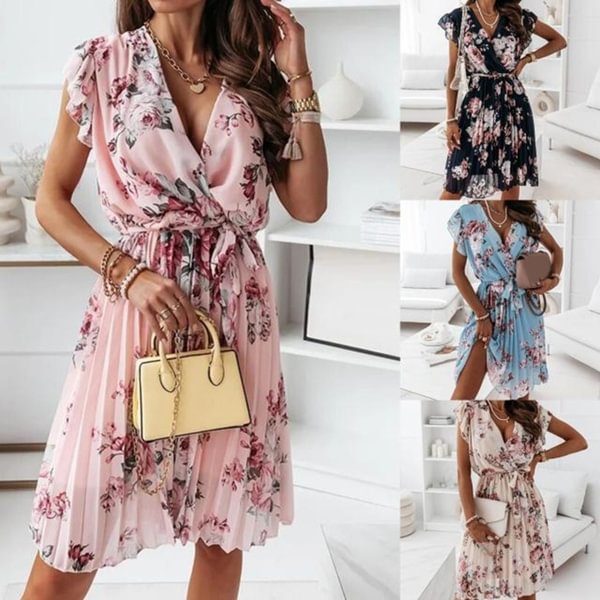 New Women Summer Fashion Chiffon Ruffles Sleeve Floral Print Sexy Deep V-Neck Long Dress Sleeveless Casual Boho Beach Dress - Shop Trendy Women's Fashion | TeeYours
