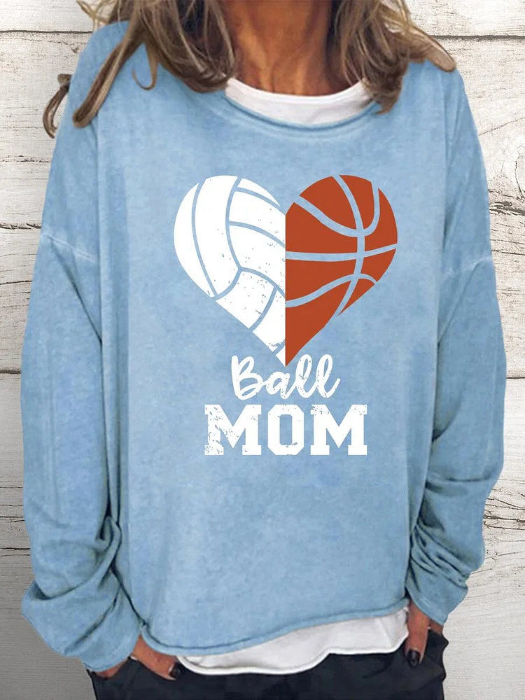 Ball Mom Heart Volleyball Basketball Mom Women Loose Sweatshirt-Annaletters