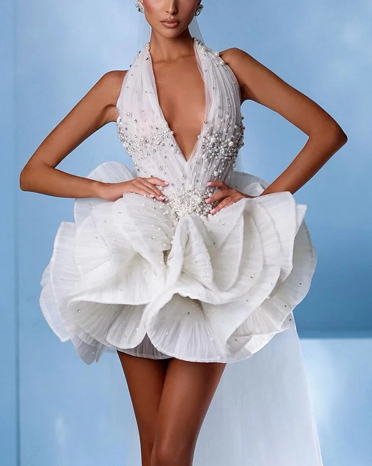 Pearl and Rhinestone Embellished Mini Dress
