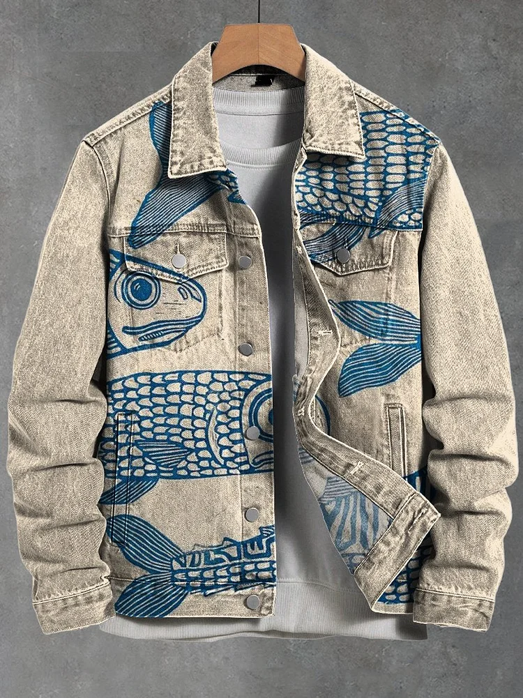 Simple Blue Line Fish Vintage Print Casual Denim Jacket