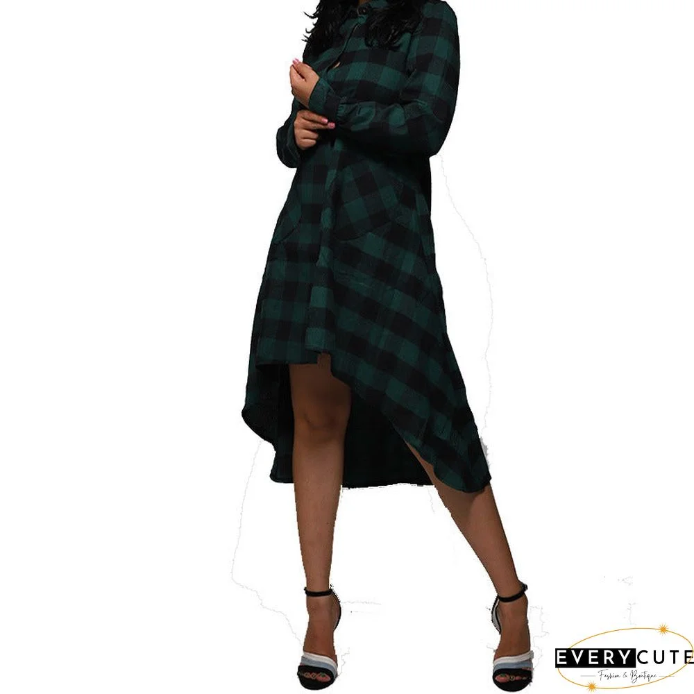 Casual Pocket Long Midi Dress Sleeve Plaid Shirt Irregular Coat