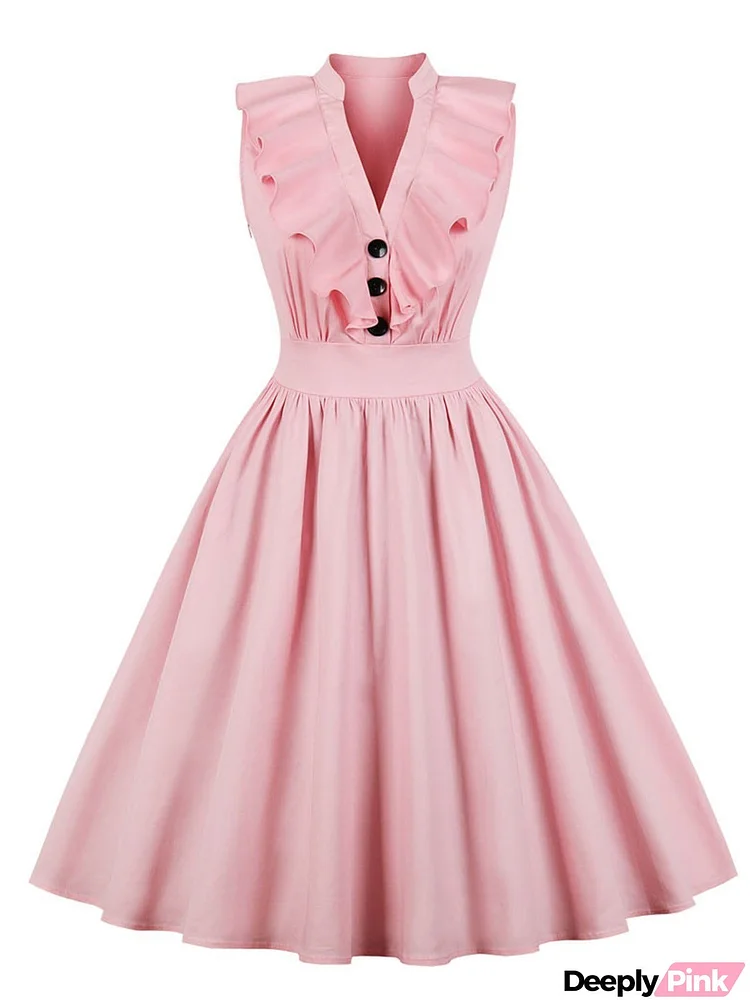 Pink 1950s Ruffle Trim Circle Dress