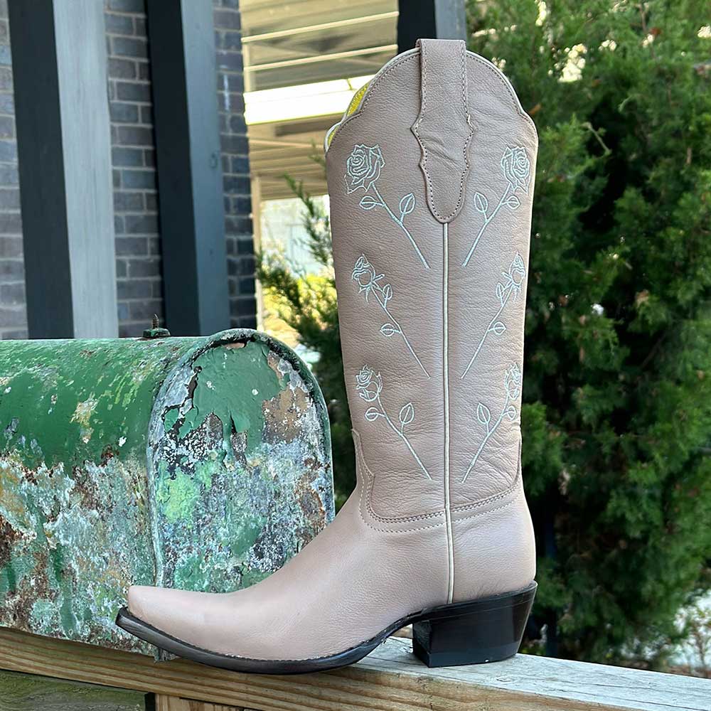 Nude Square Toe Chunky Heel Mid-Calf Cowboy Boots for Women Nicepairs