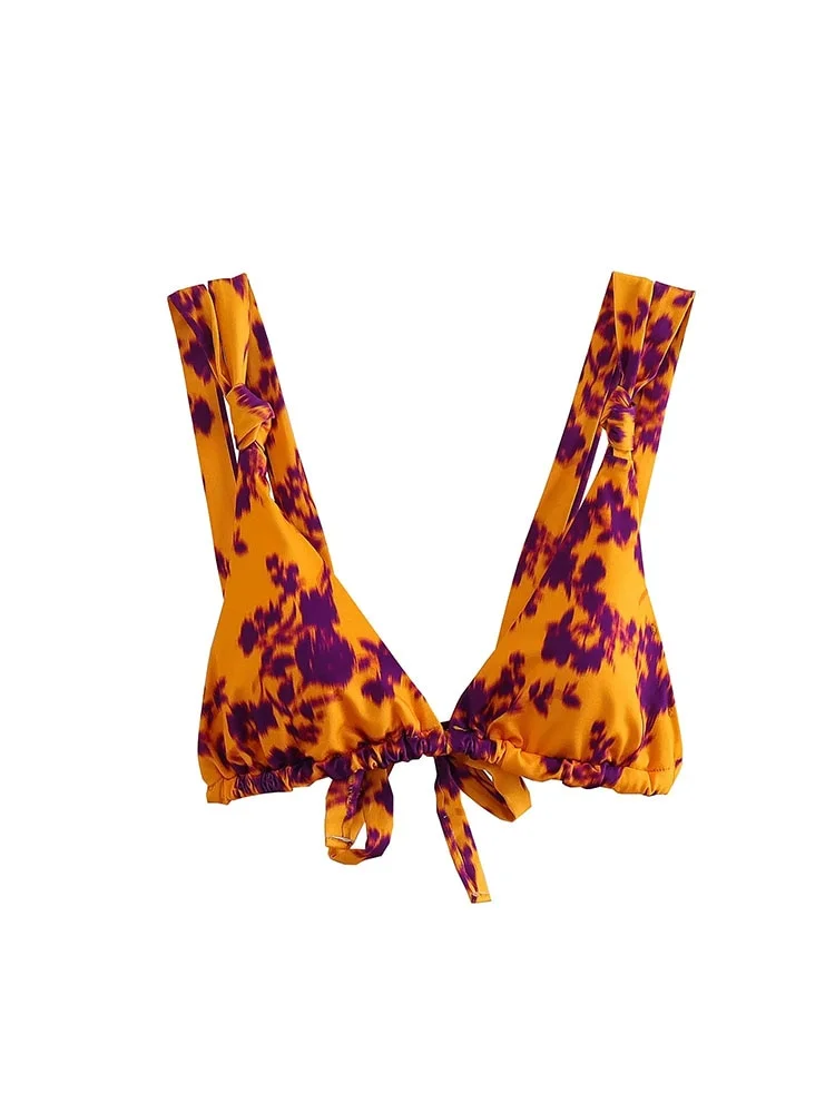 Nncharge TRAF Women 2023 Summer Fashion Printed Bikini Sleeveless Strap Top Bikini High Waist Shorts Set Mujer