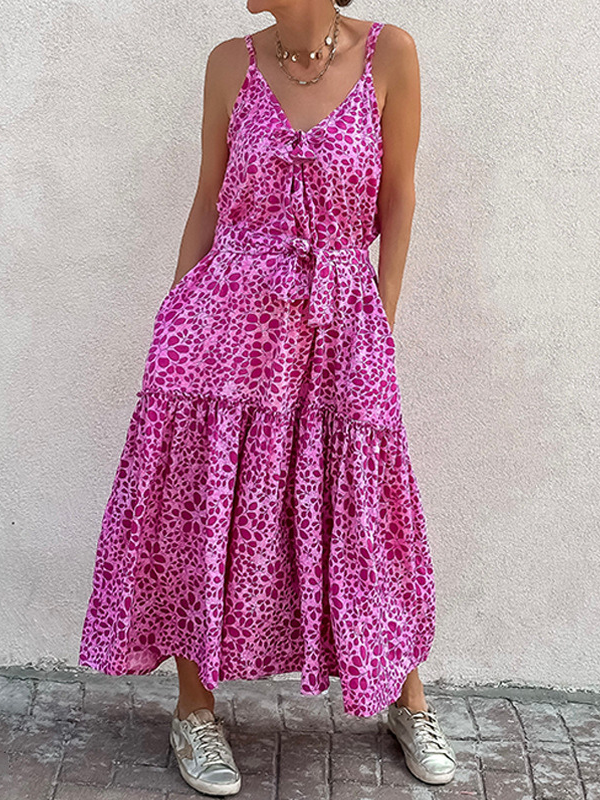 Women's Holiday Beach Dress Sleeveless Backless Pink Leopard Midi Dress