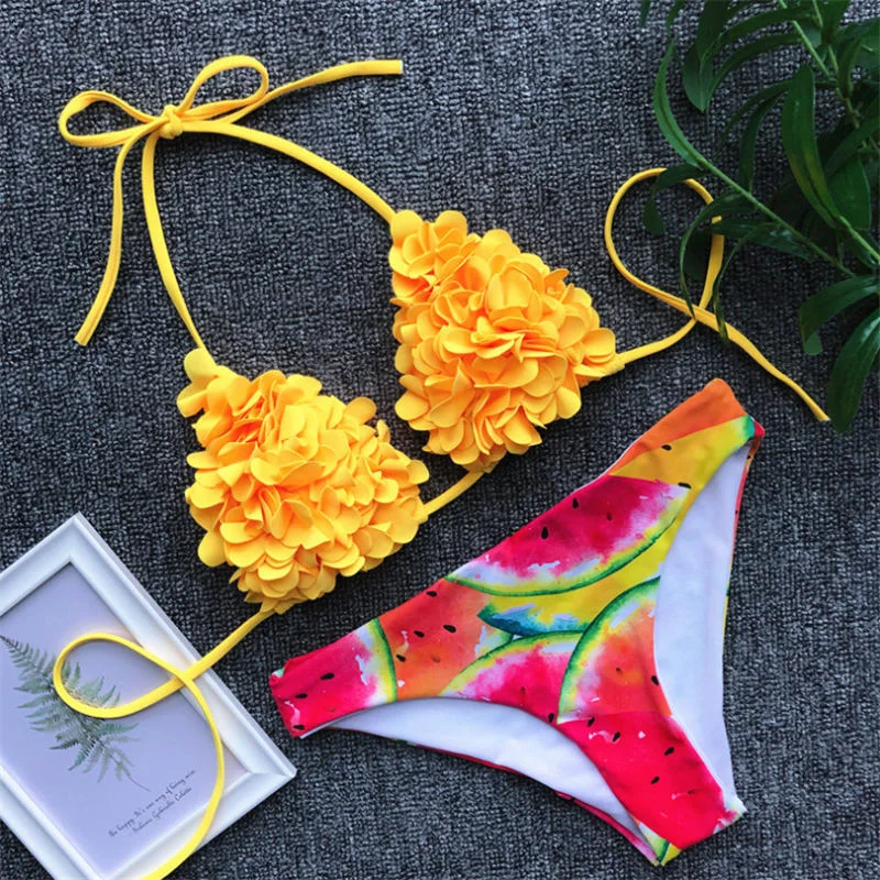 GNIM 3D Flower Bikini Sexy Bandage Swimwear Women 2019 Solid Swimsuit Brazilian Biquini Bathing Suit Two Pieces Summer Beachwear