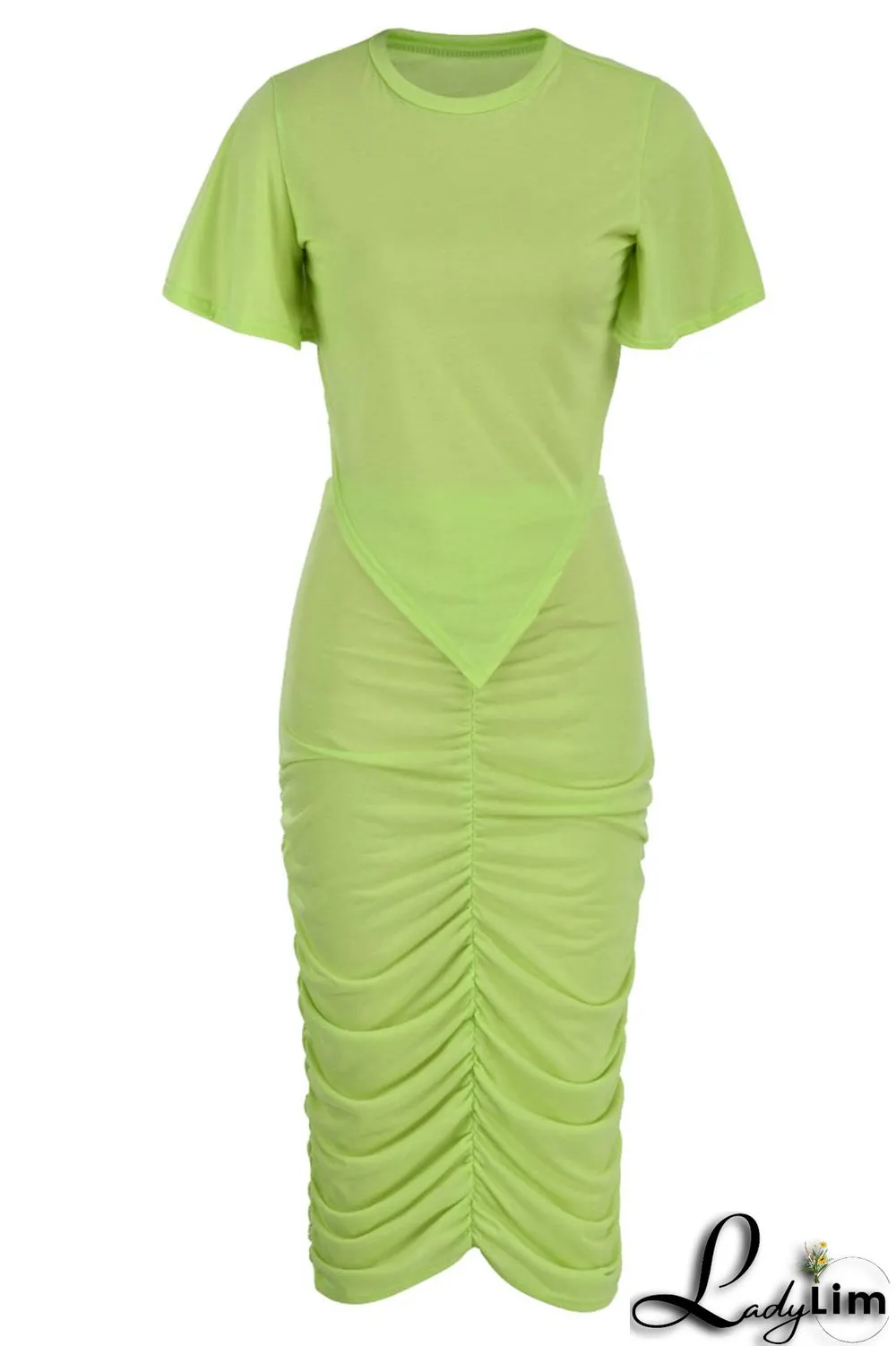 Green Yellow Casual Solid Patchwork Fold O Neck Short Sleeve Two Pieces