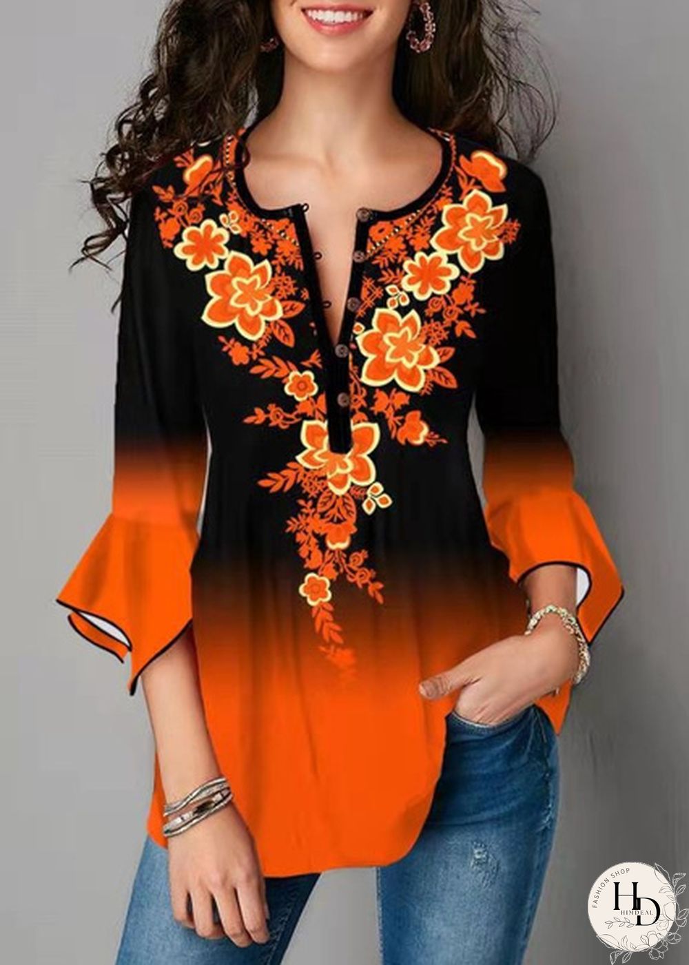Womens Autumn Fashion Clothes Elegant V-Neck Tunic Tops Casual 3/4 Sleeve Printing Blouse Shirt Plus Size Loose Streetwear Pullover T-shirts XS-8XL