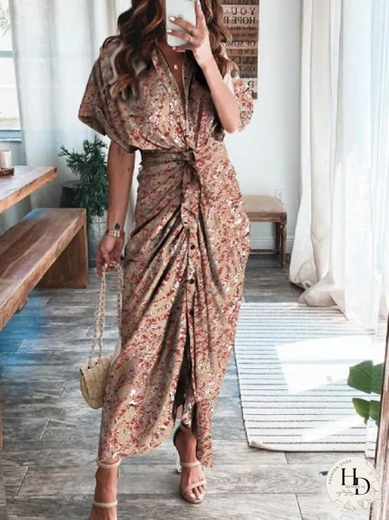 Dresses Textured Print Pleated Lace-Up Short Sleeve Dress for Women
