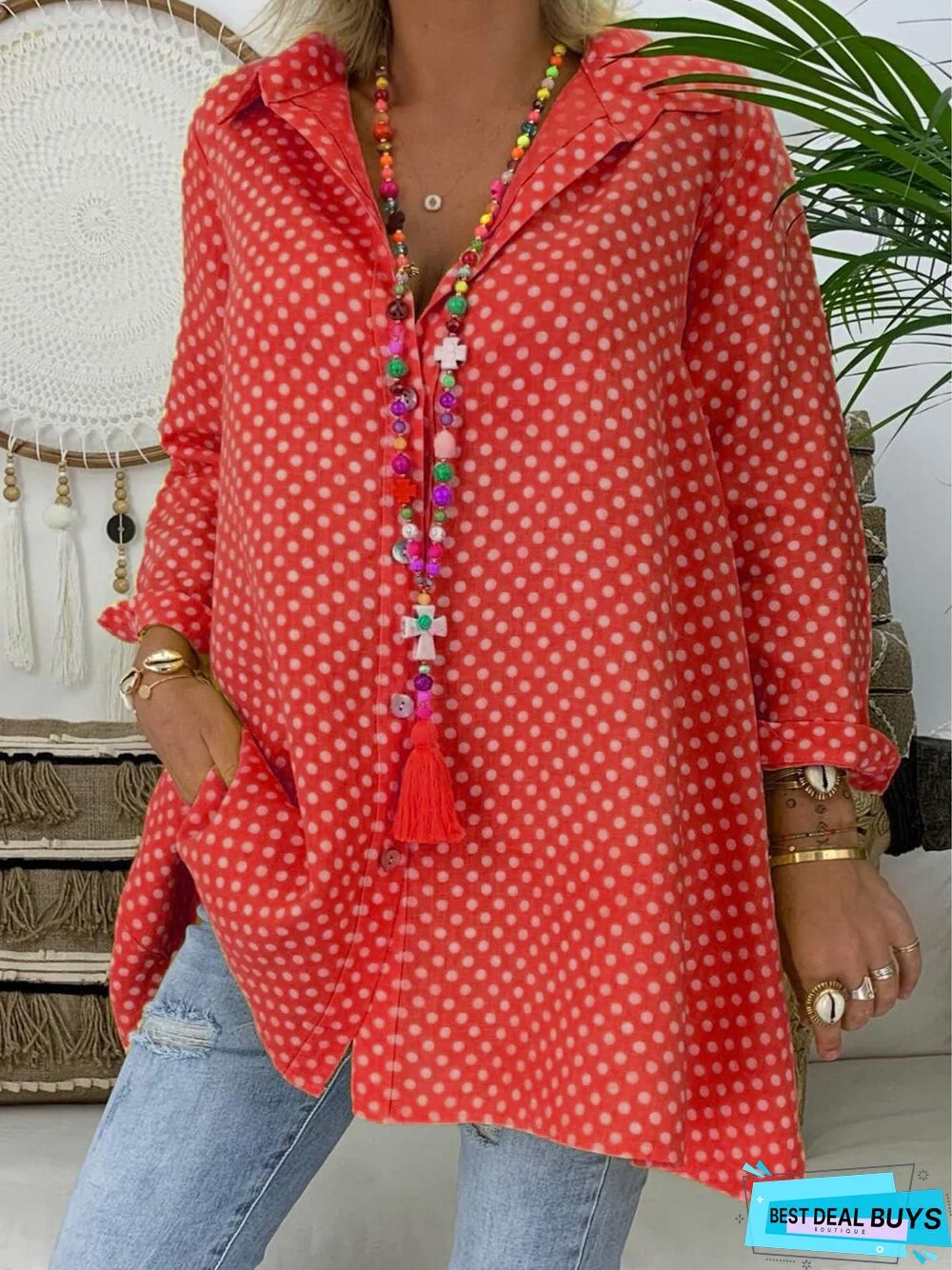 Polka Dots Shirt Collar Vintage Blouse