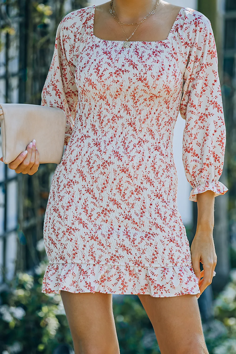 Red Square Neck Puff Sleeve Floral Dress | IFYHOME