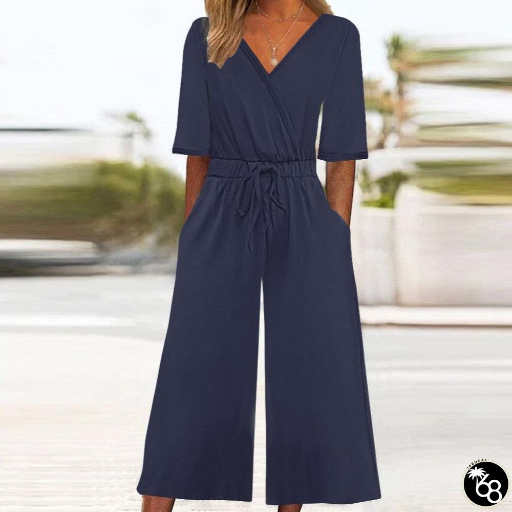 Navy Plain Half Sleeve Side Pocket Jumpsuit | 168DEAL