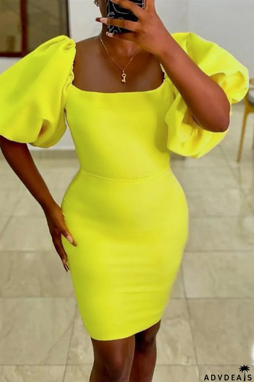 Yellow Sexy Casual Solid Basic Square Collar Short Sleeve Dress