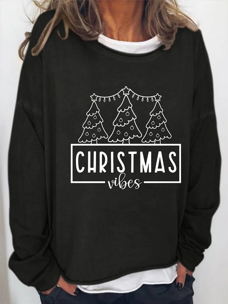 Christmas Vibes Print Casual Round Collar Loose Sweatshirt