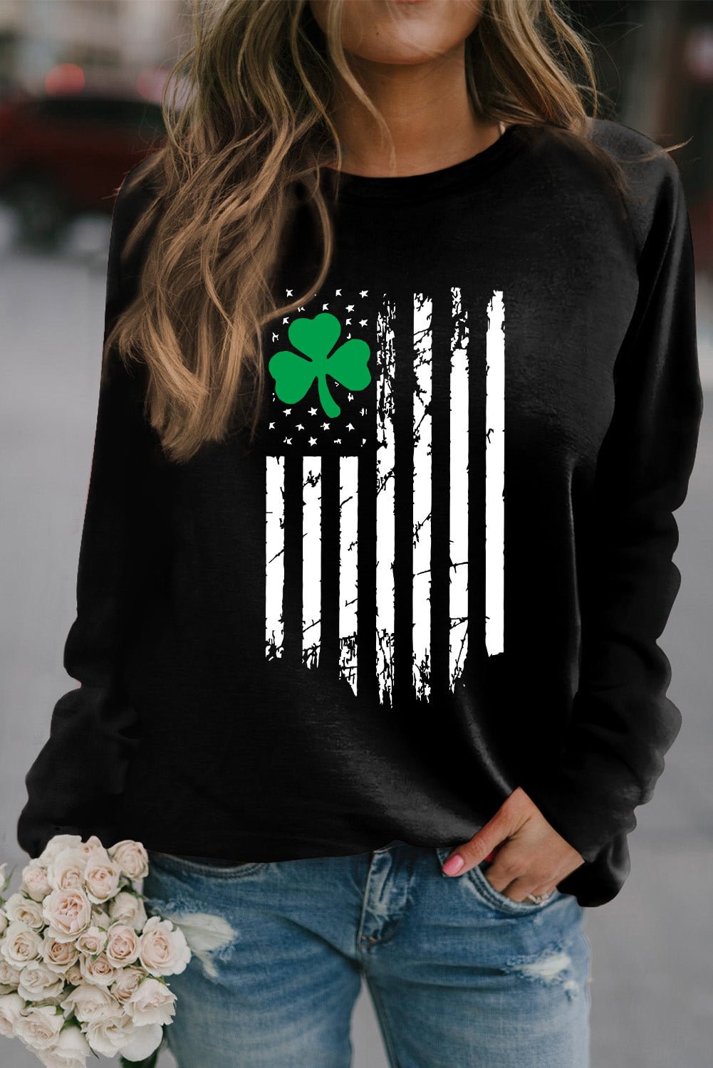 St. Patrick's Day Clover US Flag Print Graphic Sweatshirt-elleschic