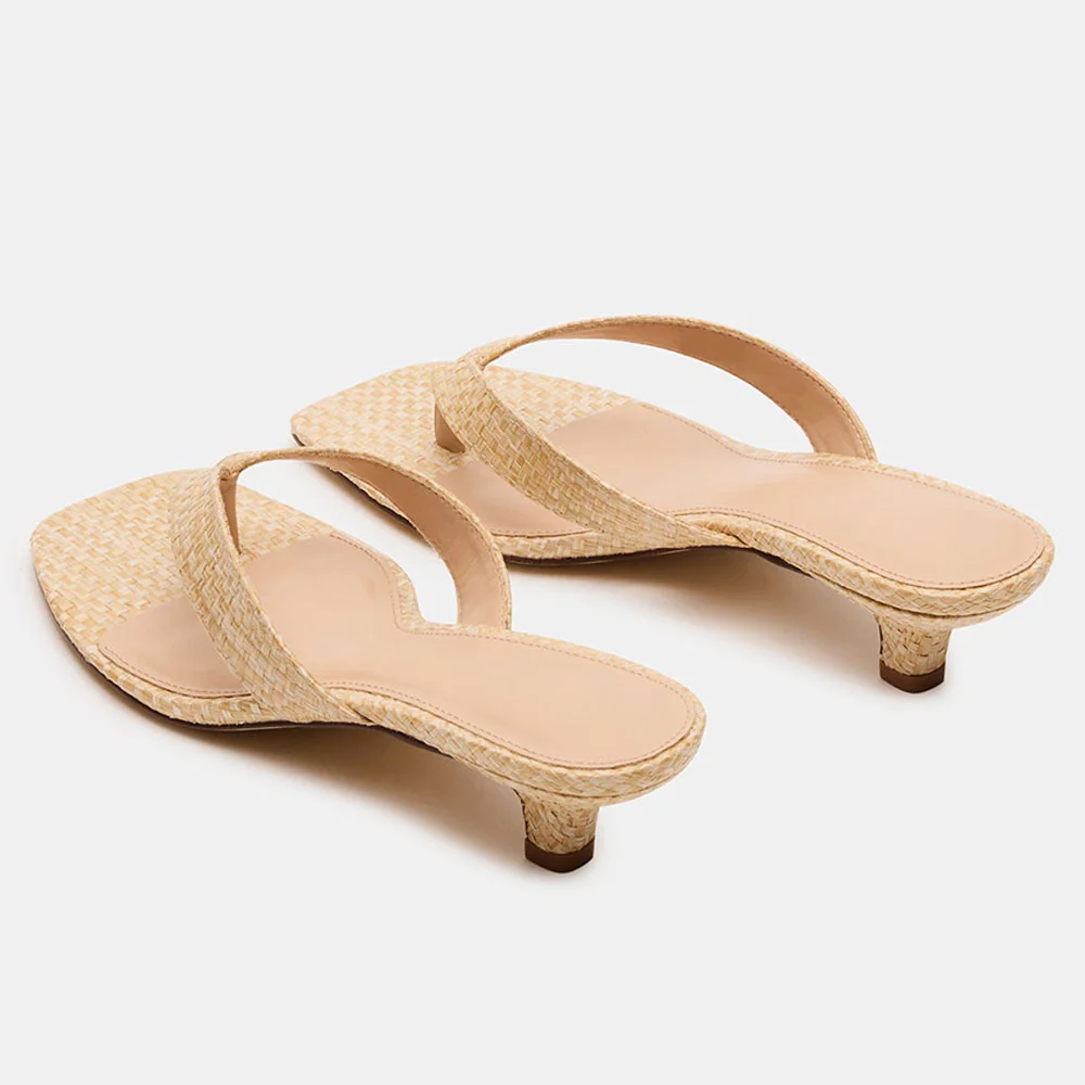 YDN Beige Raffia Kitten Heel Open Square Toe Slides for Women