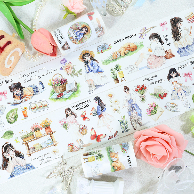 와시 테이프 - 75mm*200cm 빈티지 소녀 꽃 피크닉