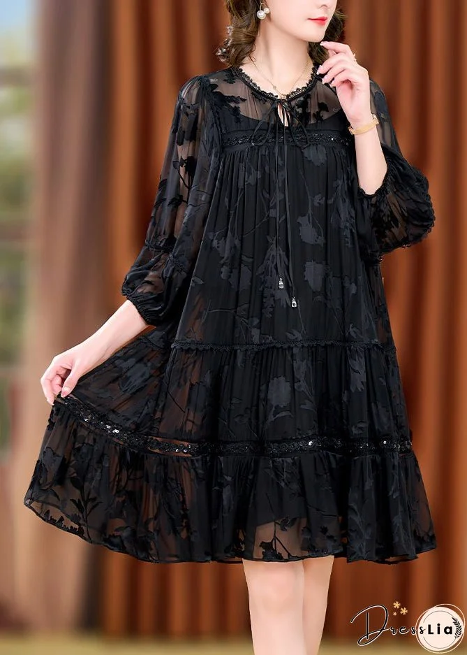 Unique Black Wrinkled Jacquard Patchwork Tulle Mid Dresses Fall