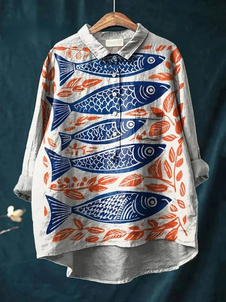 Vintage Lovely Fish Art Print Casual Cotton And Linen Shirt