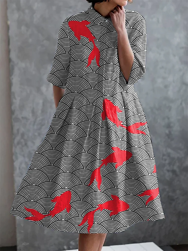 Koi Print Casual Elegant Pocket Half Sleeve Dress