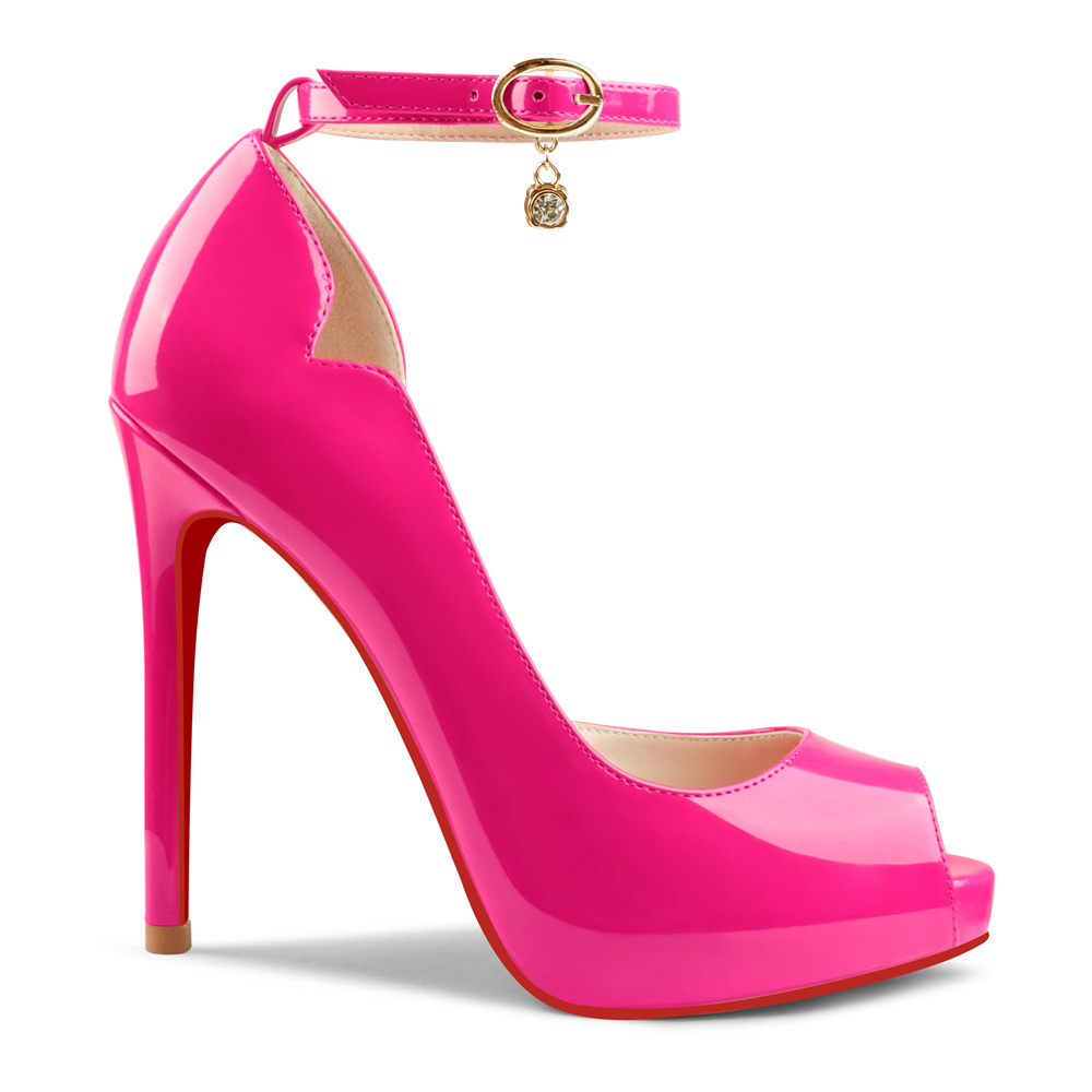 120mm Red Bottom Pendant Elastic Strap Slingback Sandals Peep Toe Platform Stilettos Patent Heels-MERUMOTE