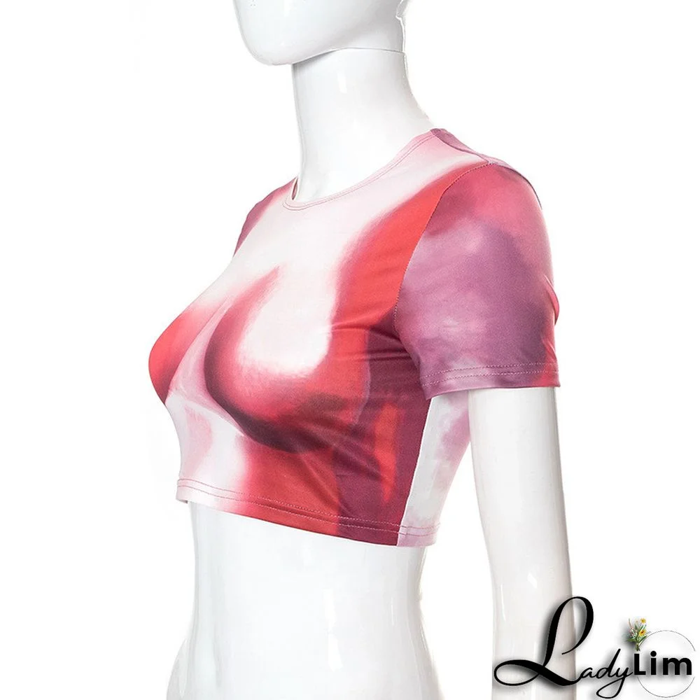 Rose Red Fashion Casual Print Basic O Neck T-Shirts