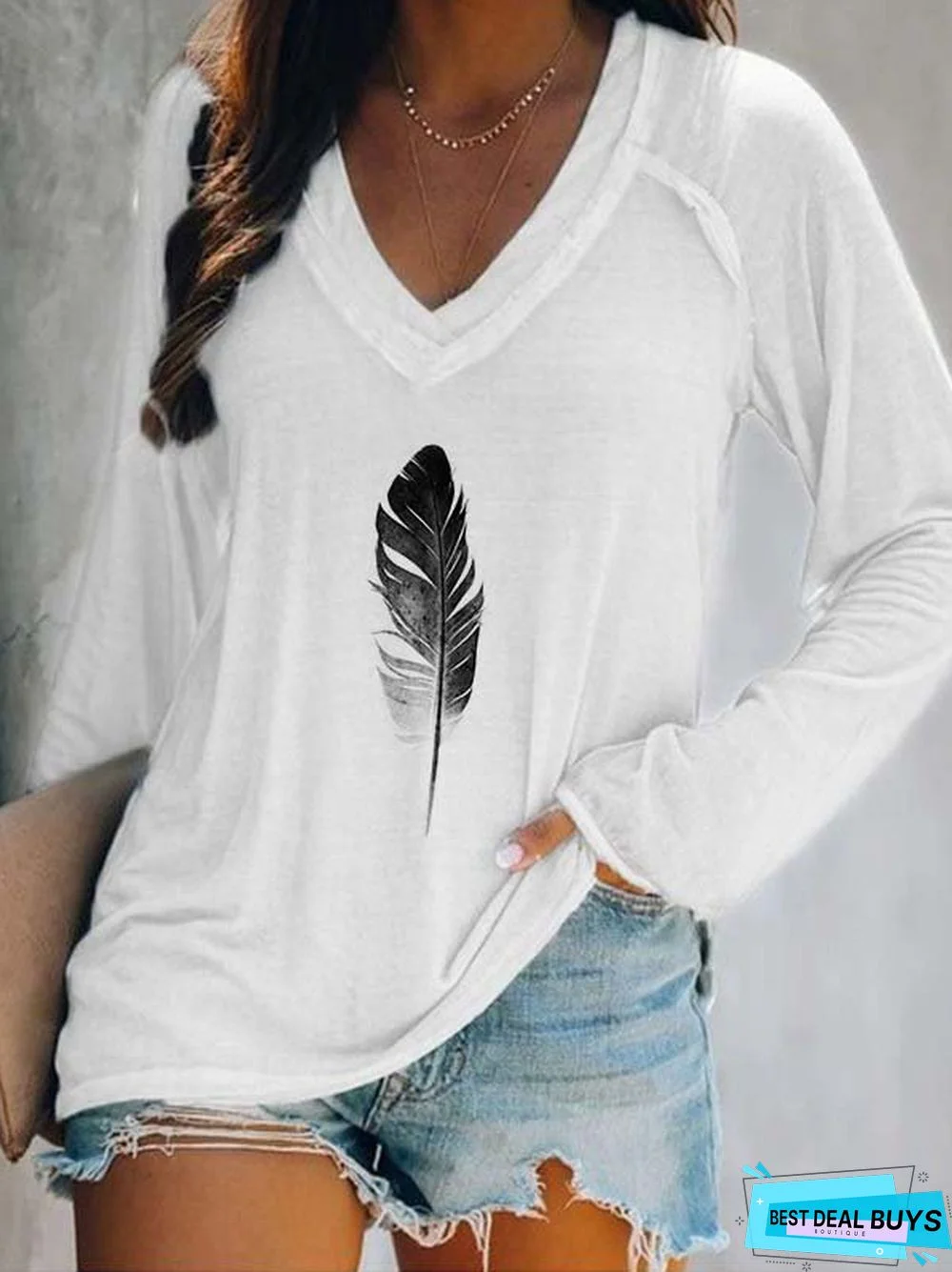 Printed Long Sleeve Casual V Neck T-shirt