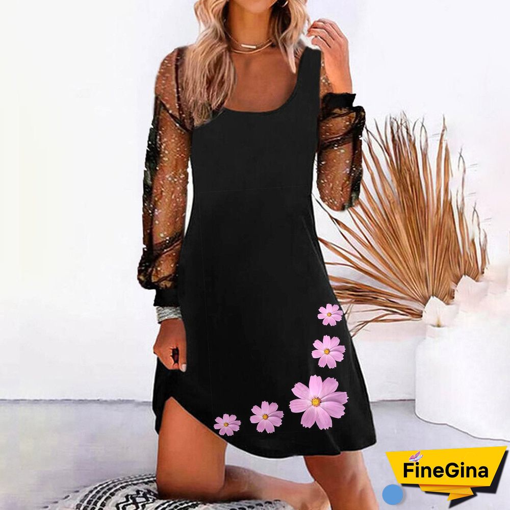 Flower Printed Women Black Dress