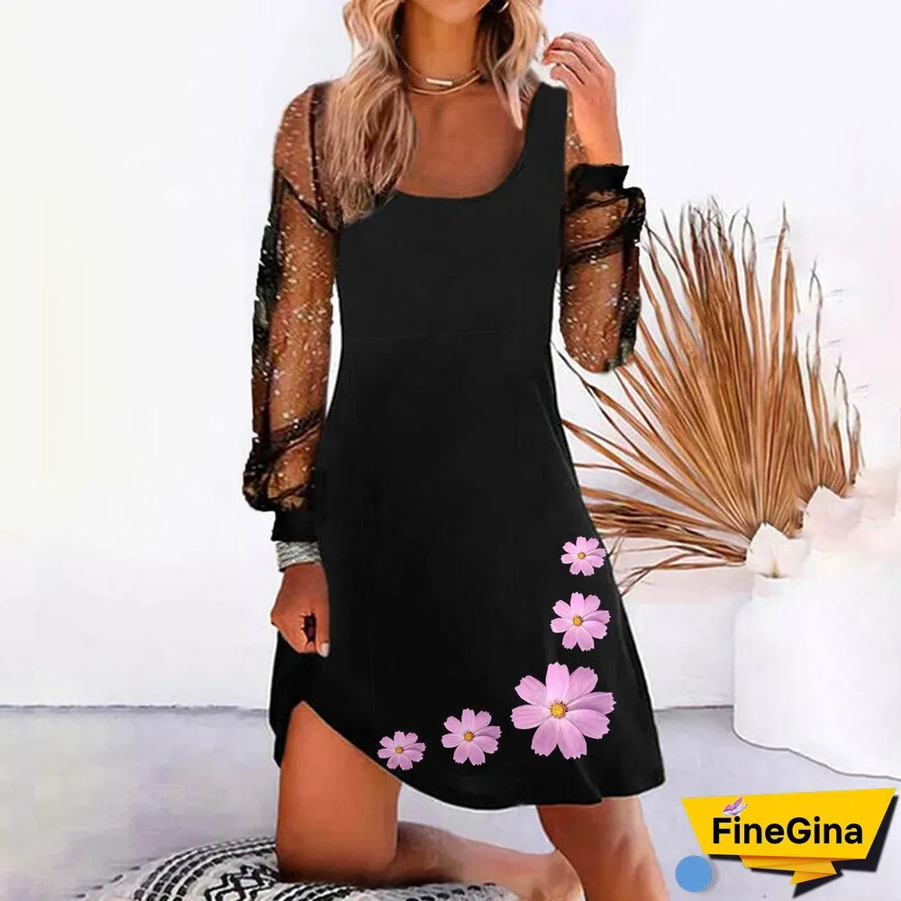 Flower Printed Women Black Dress