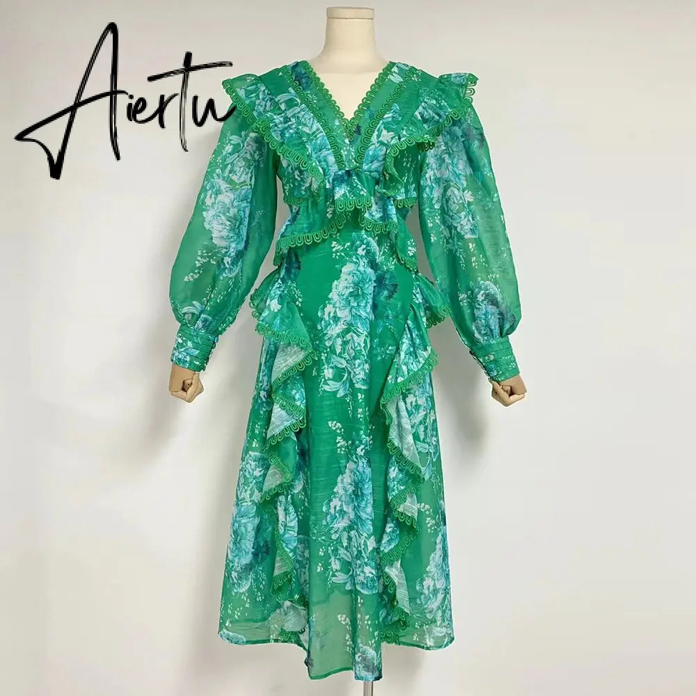 Patchwork Ruffles Dresses For Women V Neck Lantern Sleeve High Waist Printing Casual A Line Dress Female Fashion Aiertu