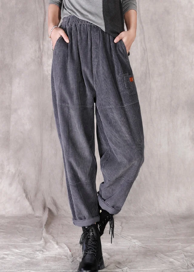 Casual Grey Pockets Patchwork Elastic Waist Corduroy Pants Fall