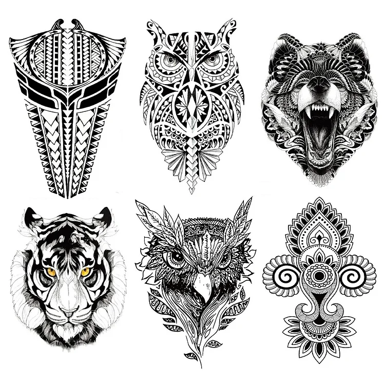6 Sheet Totem Owl Wolf Tiger Extra Large Temporary Tattoos