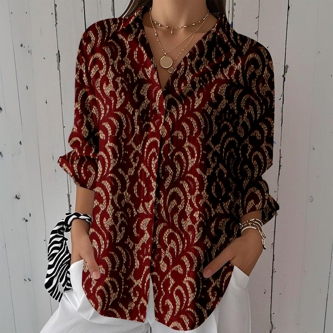 Women Long Sleeve V-neck Graphic Floral Printed Top