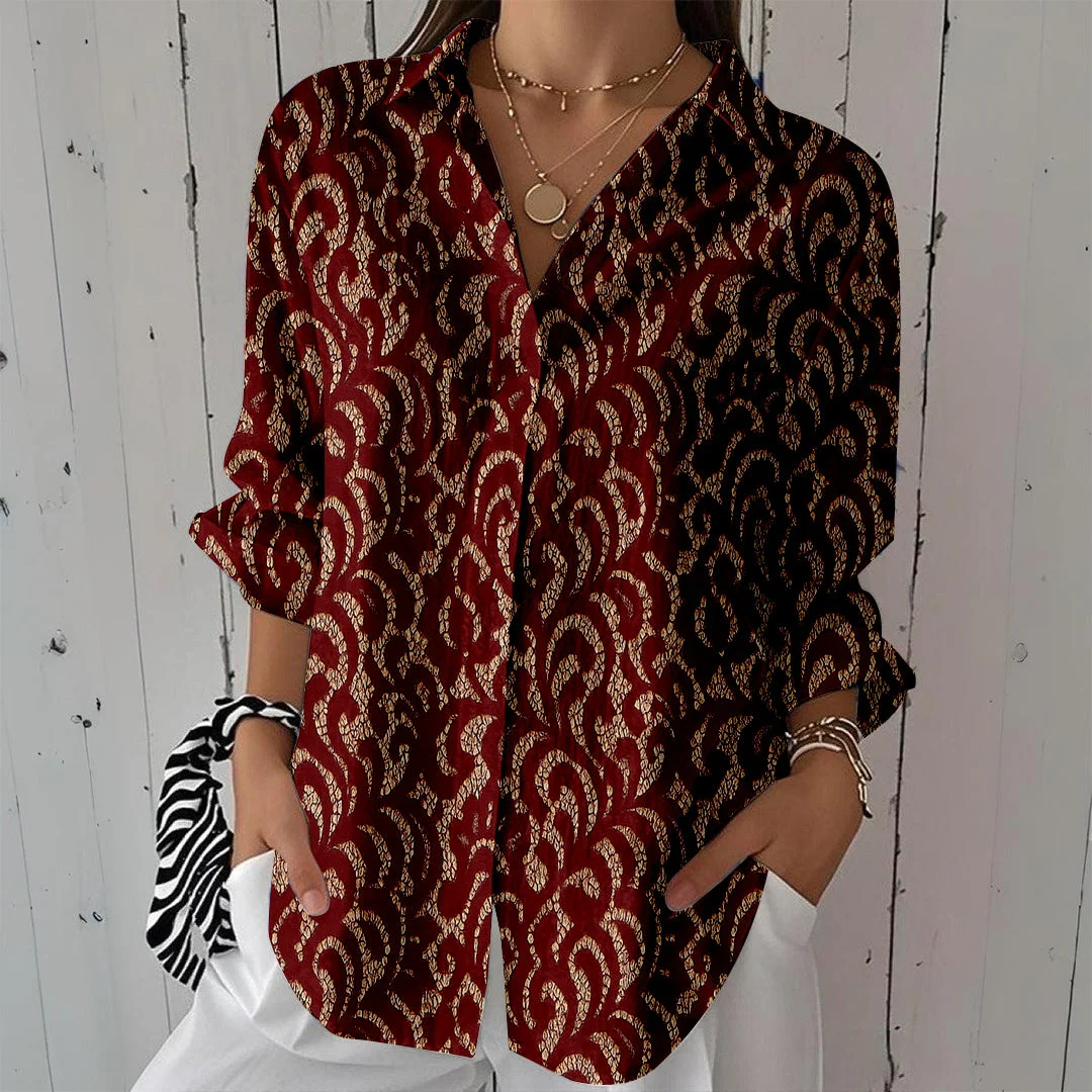 Style & Comfort for Mature Women Women Floral,  Red,  Brown DZCL0433 3/4 Sleeve Shirt Collar Printed Button Tops