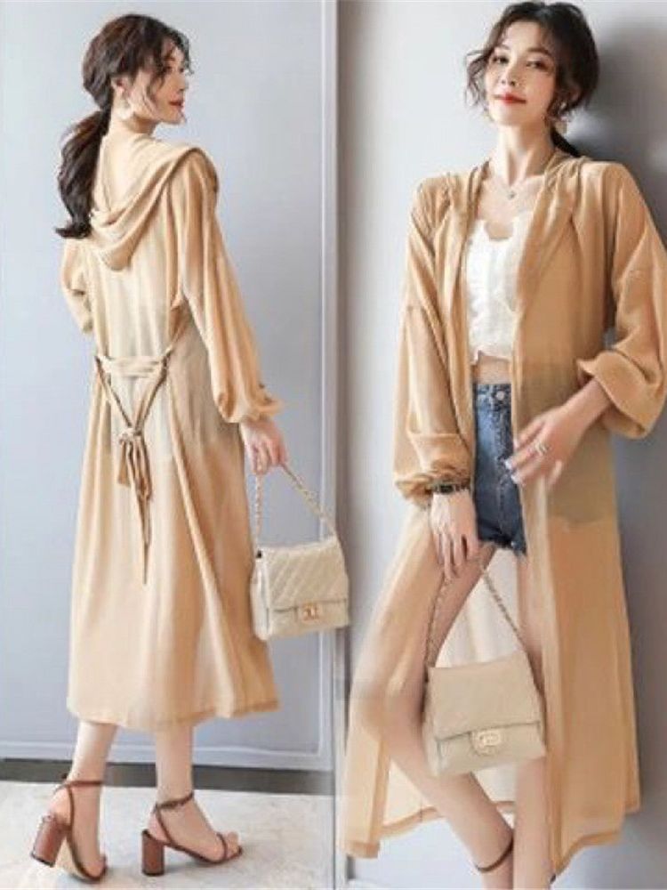 Ballifyex 2025 Fashion Women Blouse Summer Puff Sleeve Simple Loose Chiffon Shirt Cardigan Hooded Long Kimono Ladies Tops Sun-protective