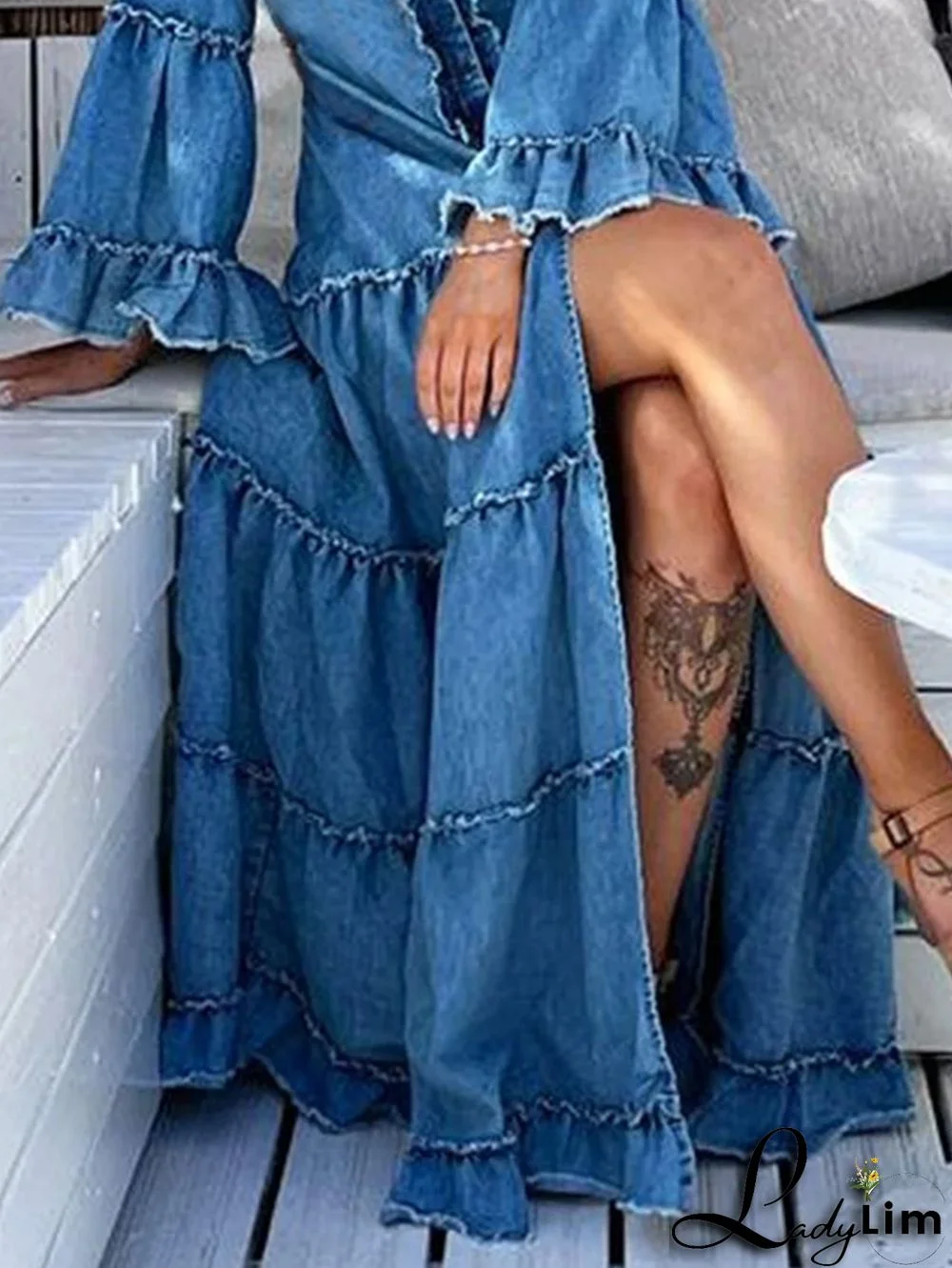 Casual Denim Ruffle Split Tiered Maxi Dress