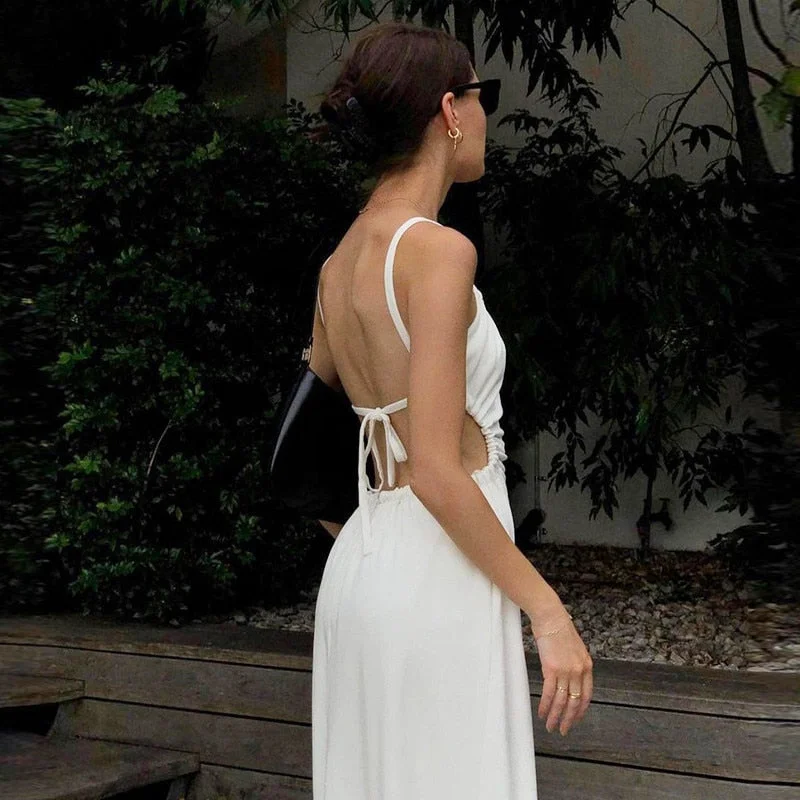 FSDA White Midi Backless Dress Women Hollow Out 2021 Summer Bandage Sexy Beach Spaghetti Strap Black Casual Dresses