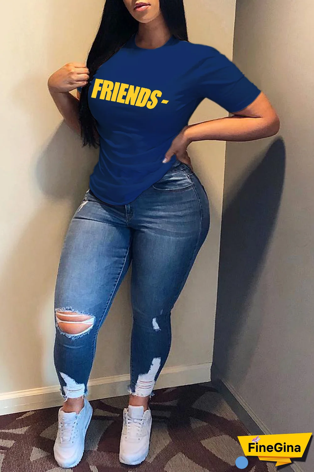 White Casual Street Print Patchwork Letter O Neck T-Shirts