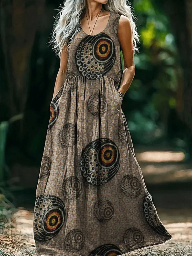 Women's Vintage Boho Ethnic Art Print Crew Neck Sleeveless Cotton Pocket Dress
