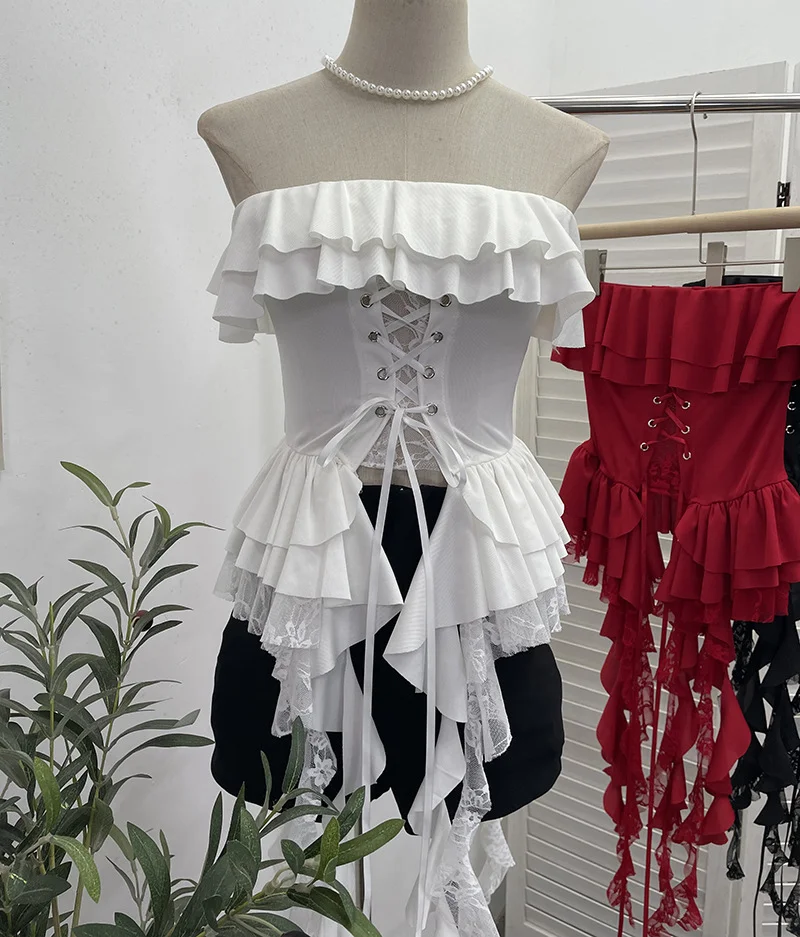 Nigikala Nigikala Shooting Hottie Belt Lotus Side Splicing Lace Bra Vest Word Shoulder Ribbon Short Coat 8013