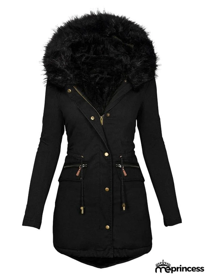 Women's Trendy Artificial Fur Collar Hooded Thermal Coat With Pockets