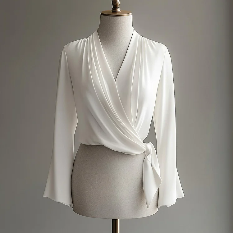Ursime Satin Wrap V Neck Lace-Up Long Sleeve Blouse