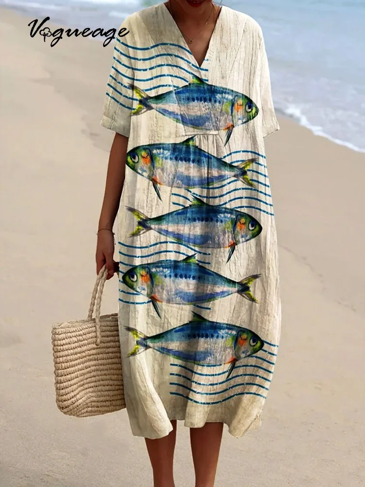 Simple Casual Fashion Ink Fish Printed Women's Casual Cotton And Linen Dress