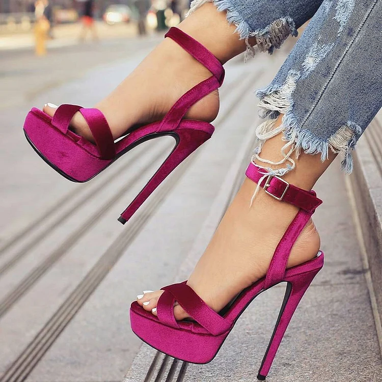 Magenta Velvet Platform Heels Sandals Stiletto Heels Slingback Sandals |FSJ Shoes