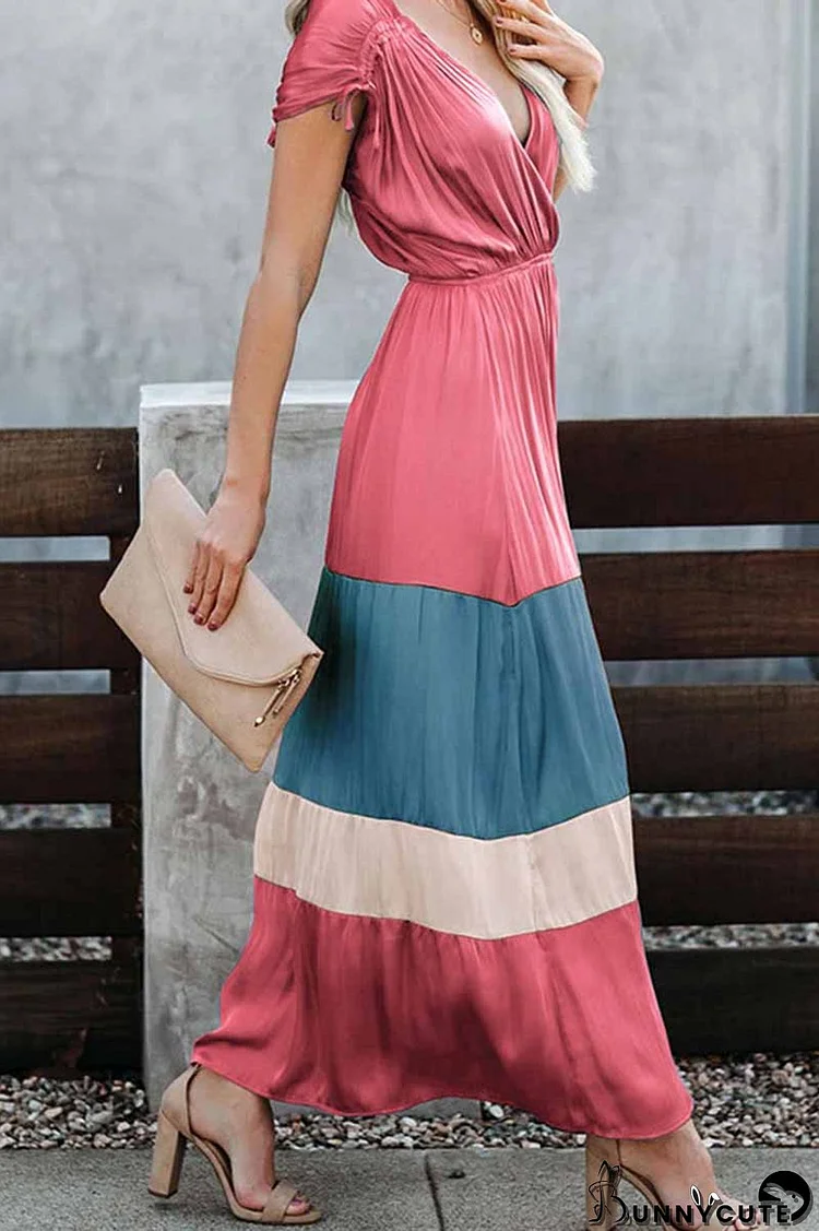 Summer Loose Multicolor Stitching V-Neck Short Sleeves Midi Dress