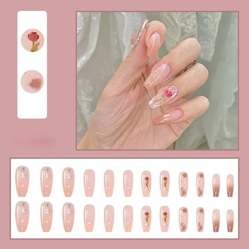 24pc Detachable False Nails with designs Long Pink Watercolor Rose Coffin Fake Nails with Glue Bride Ballerina Nail Art Full Tip