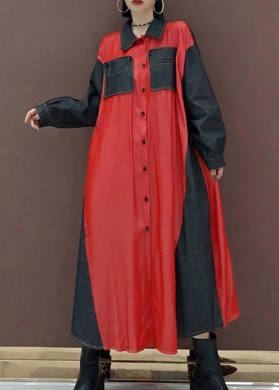 Handmade Lapel Patchwork Spring Long Dress Photography Red Kaftan Dress