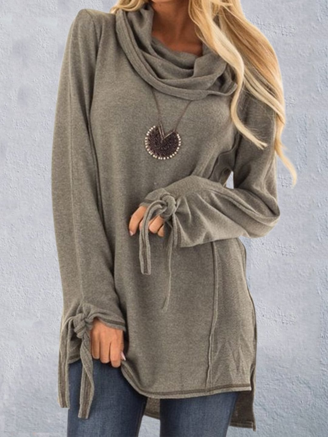 Woman Grey Casual Cotton Cowl Neck Plus Size Sweater